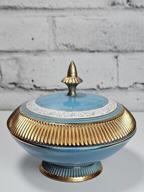 Golden Century N&C Italy Lidded Pedestal Candy Dish Blue Gold Compote